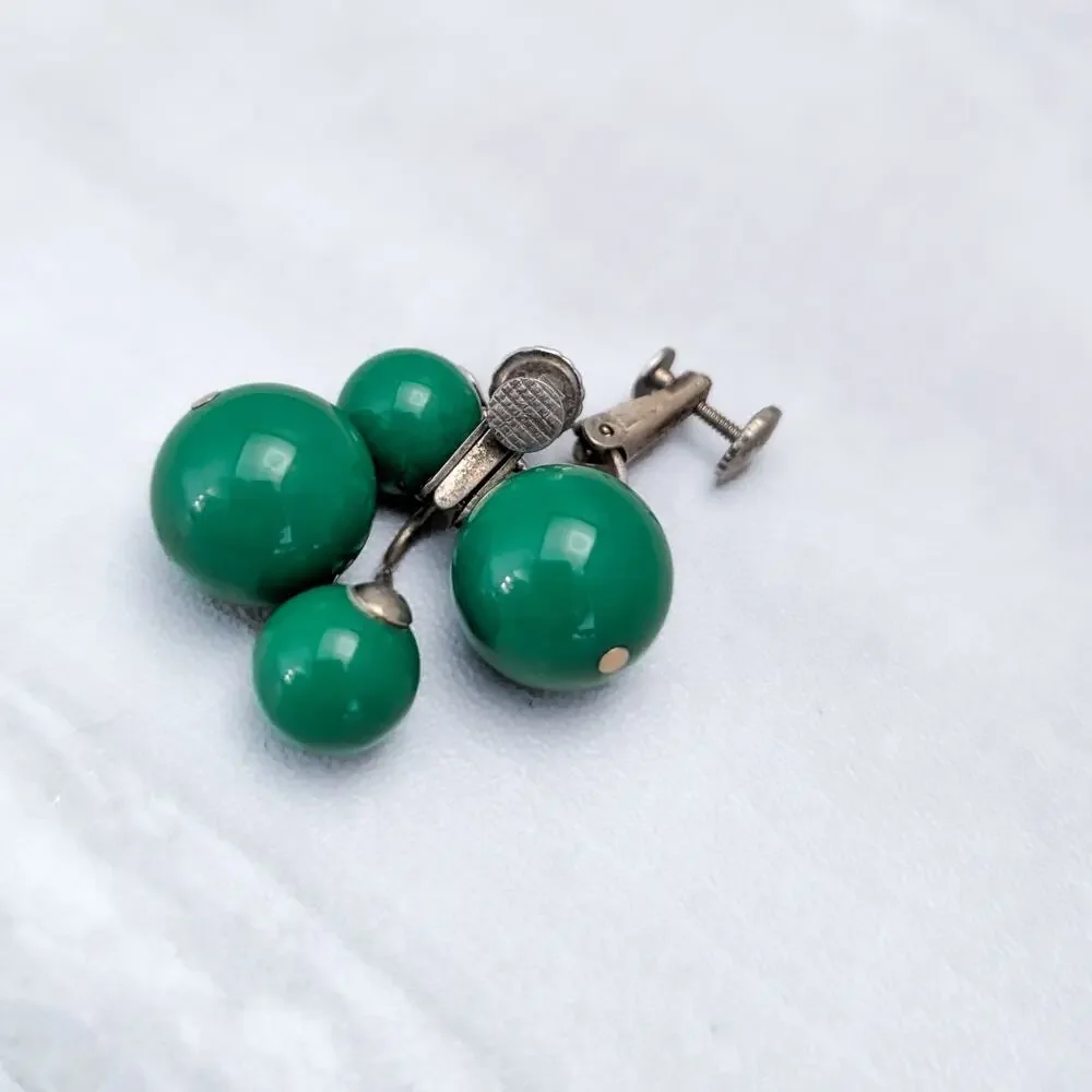 Vintage Richelieu Clip On Earrings Retro Pea Green Ball Duo Dangle Drop Earrings